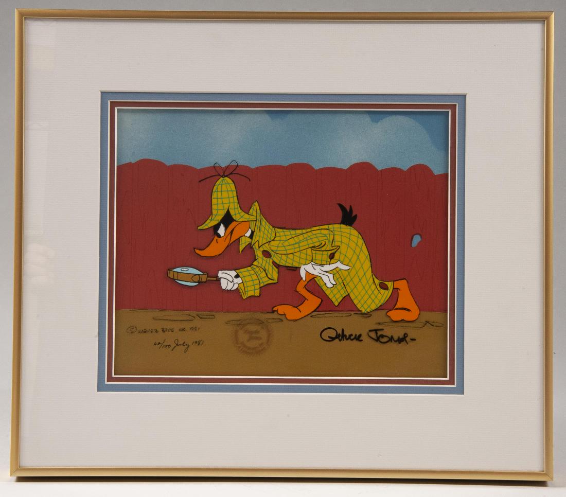 Limited Edition Signed Daffy Duck Sericel: DESCRIPTION: Limited edition 1981 Daffy Duck sericel, from the Sherlock Daffy cartoon, signed by Chuck Jones to lower right corner. "Authenticated by Linda Jones" stamped to bottom center and "Warner 