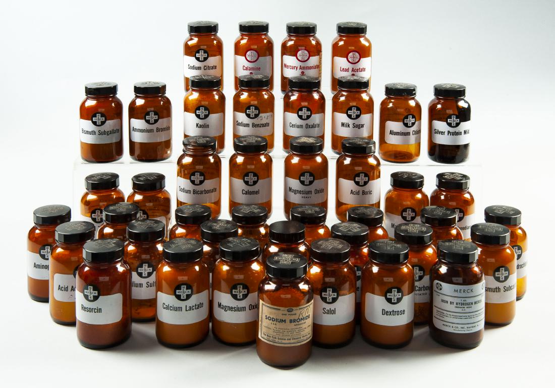 42 Vintage Merck Amber Pharmacy Jars