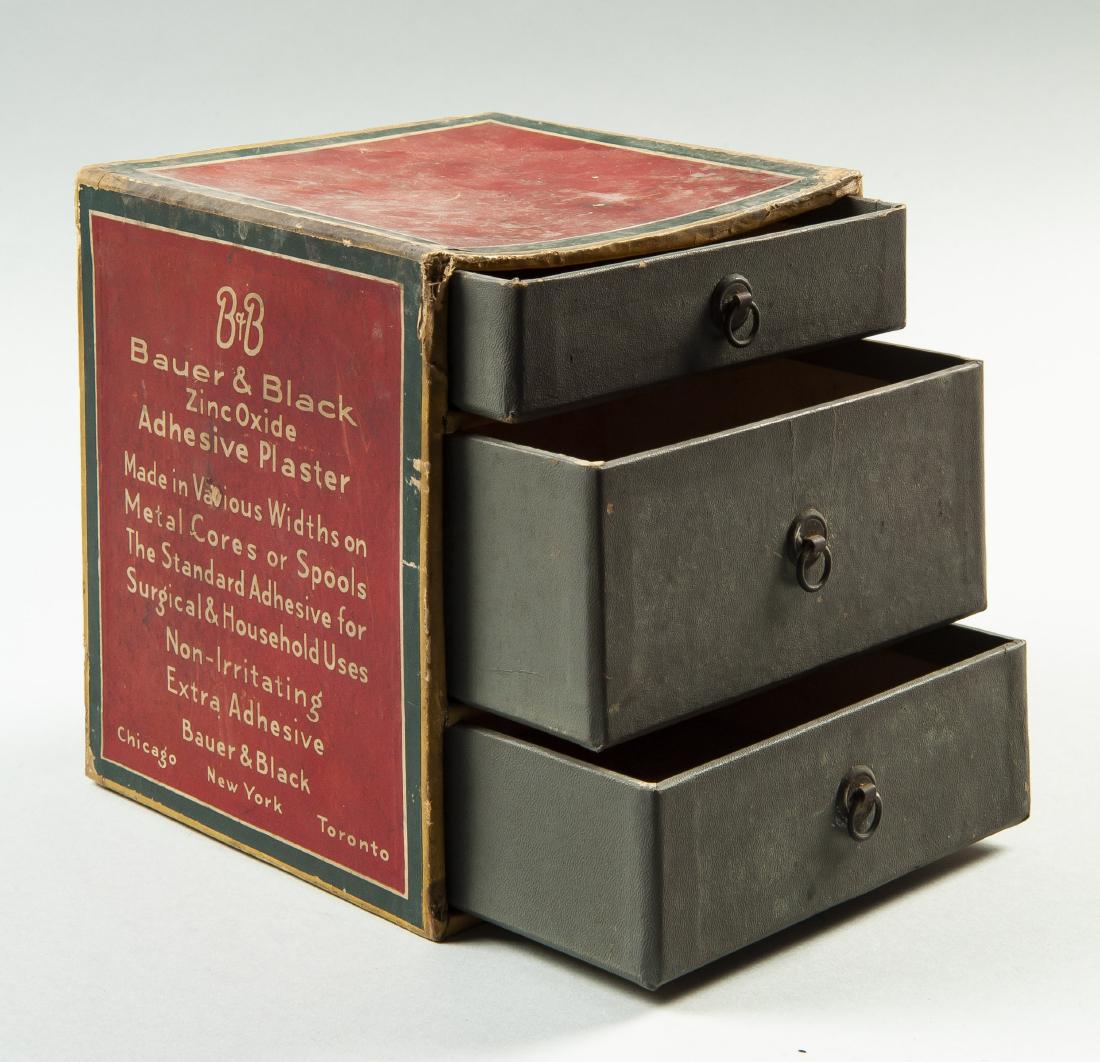 Bauer & Black Drug Store Product Box: DESCRIPTION: Bauer and Black drug store product box. Three drawer construction. With paper labels for zinc oxide adhesive plaster. MEASUREMENTS: 7" x 6-1/2" x 7-1/2". CONDITION: Losses to corners of b