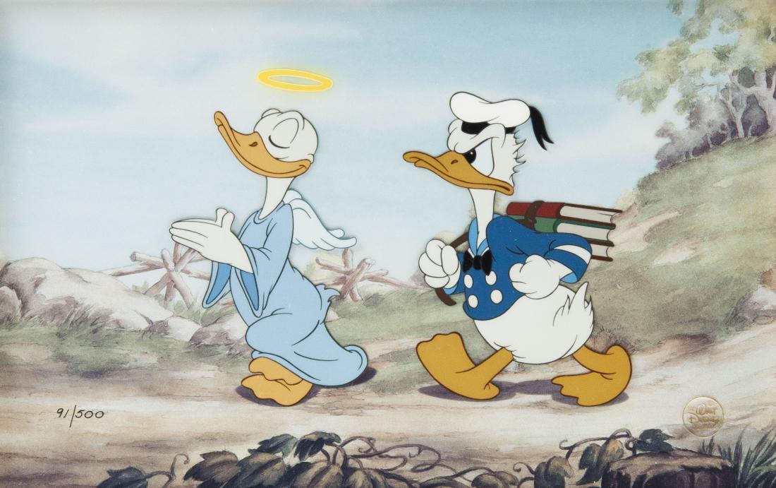 Donald's Better Self Sericel with COA: DESCRIPTION: Limited Edition Donald Duck animation sericel from Donald's Better Self cartoon. Angelic version of Donald leading angry Donald Duck through the woods. Stamped "The Walt Disney Company" t