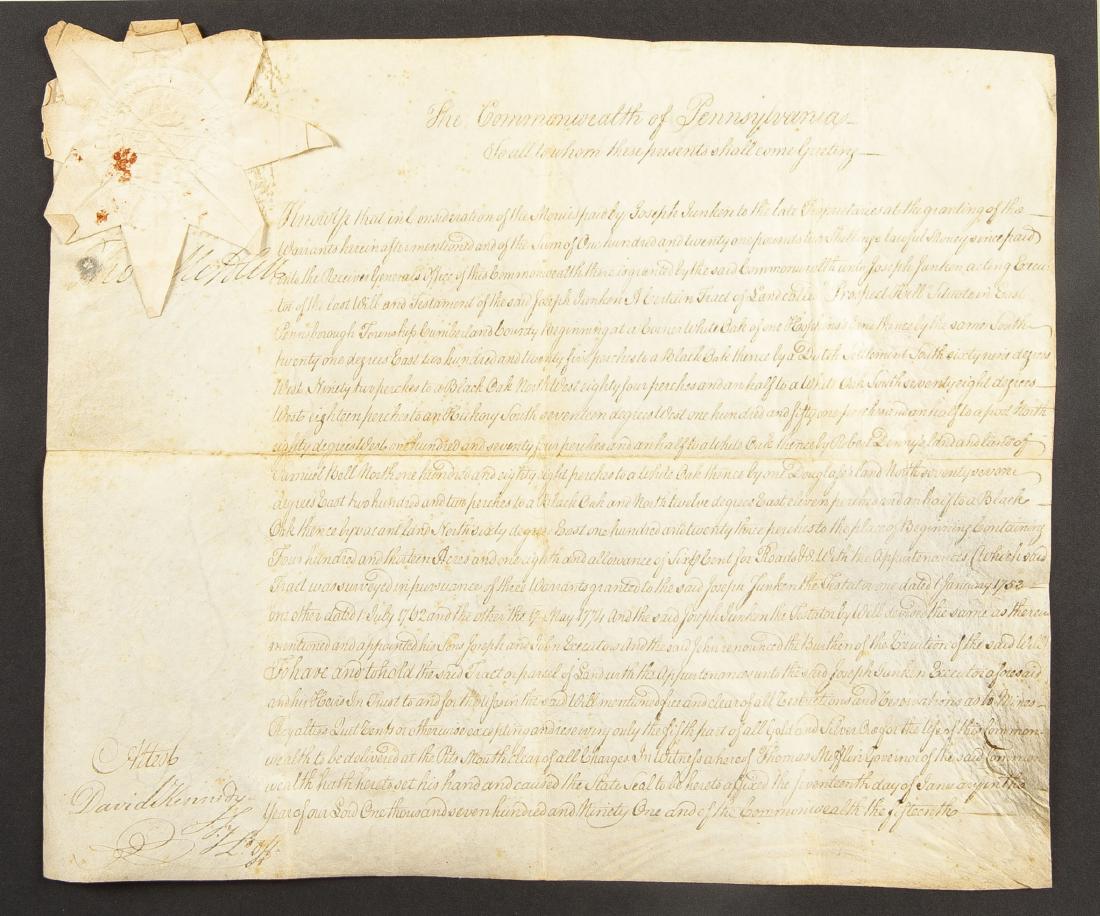1791 Thomas Mifflin Signed Penna. Land Patent: DESCRIPTION: Pennsylvania 1791 handwritten land patent. Dated in document January 17, 1791. Documents the land transfer of "Prospect Hill" in East Pennsborough Township Cumberland County, Pennsylvania