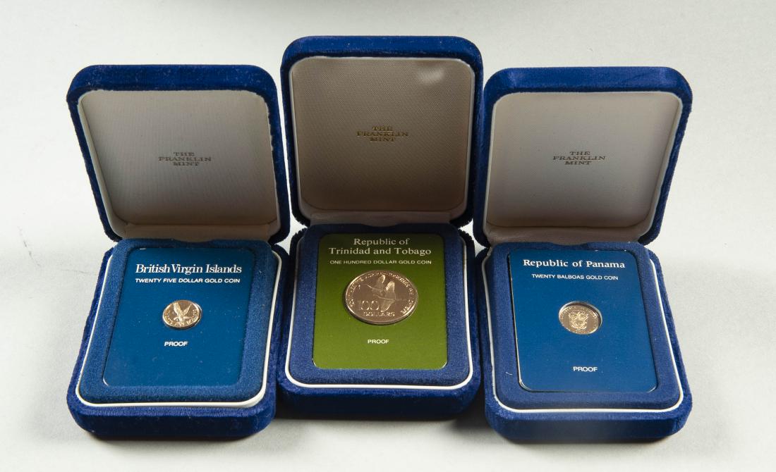 3 Gold Coin Proofs: DESCRIPTION: Three Franklin Mint gold coin proofs. Includes: 1) 1982 Republic of Panama twenty balboas coin. 2) 1976 Republic of Trinidad and Tobago one hundred dollar coin. 500/1000 fine gold. 3) 198