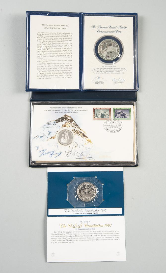 3 Silver Commemoratives incl 2 Coins and 1 Medal: DESCRIPTION: Three silver commemoratives. Includes: 1) The U.S.S. Constitution 1997 five dollar commemorative coin. 2) The Panama Canal Treaties 1978 commemorative sterling silver coin. Franklin Mint.