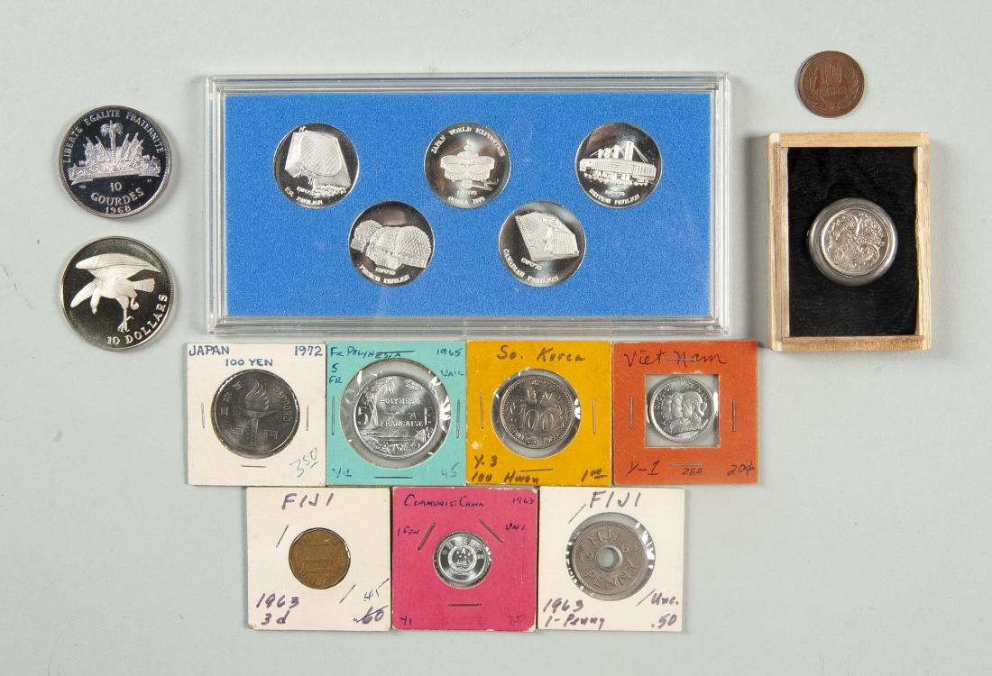 12 Foreign Coins and Sets incl Silver: DESCRIPTION: Twelve foreign coins and sets. Includes: 1968 Haiti ten gourdes, 1974 Singapore Mint ten dollar silver proof, Japanese pill box sterling silver 950 yen, Expo '70 Progress and Harmony for 