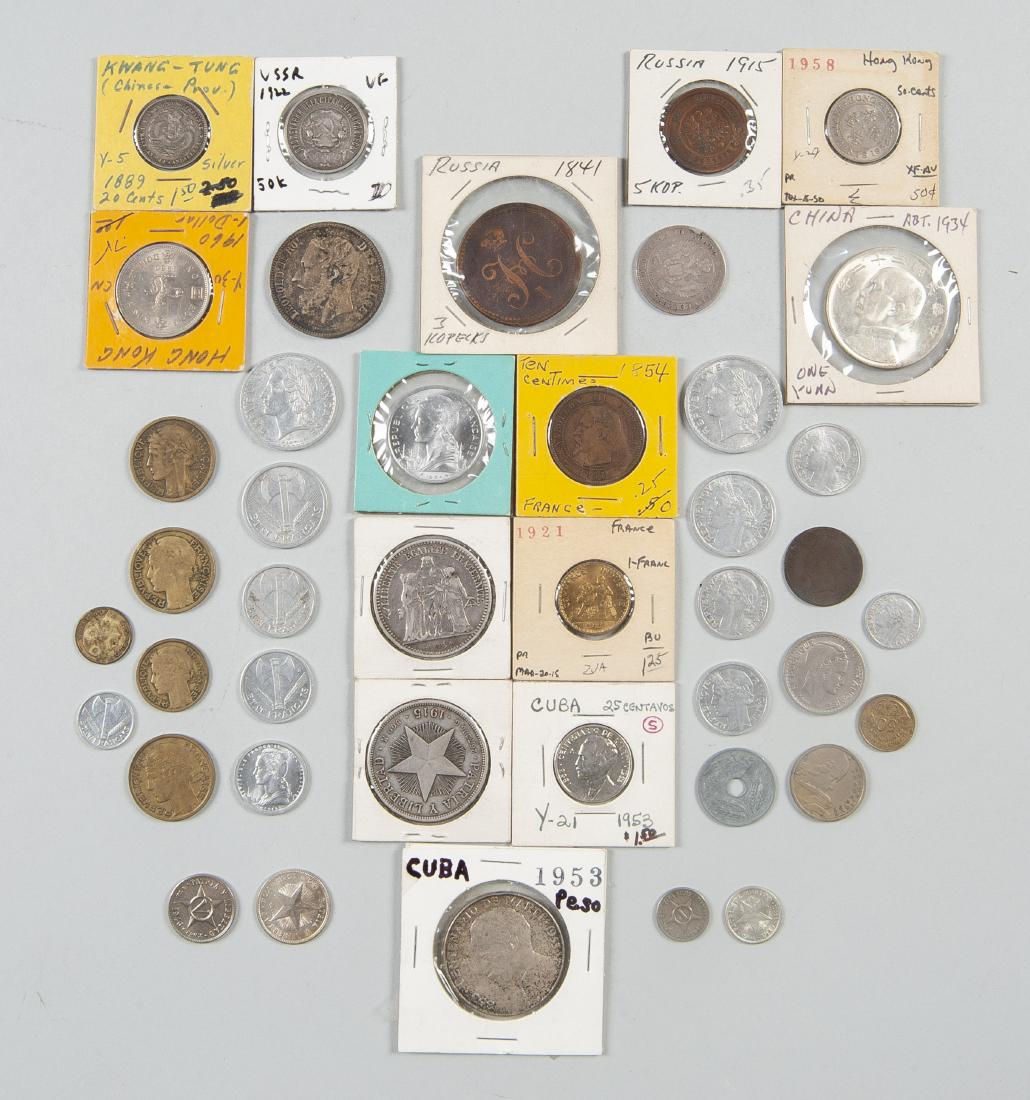 46 Foreign Coins incl Silver: DESCRIPTON: Forty-six foreign coins. Includes: 1) Twenty-six French coins incl silver. 2) Seven Cuban coins incl silver. 3) Four Russian coins incl silver. 4) Four Chinese coins incl silver. 5) 1868 B