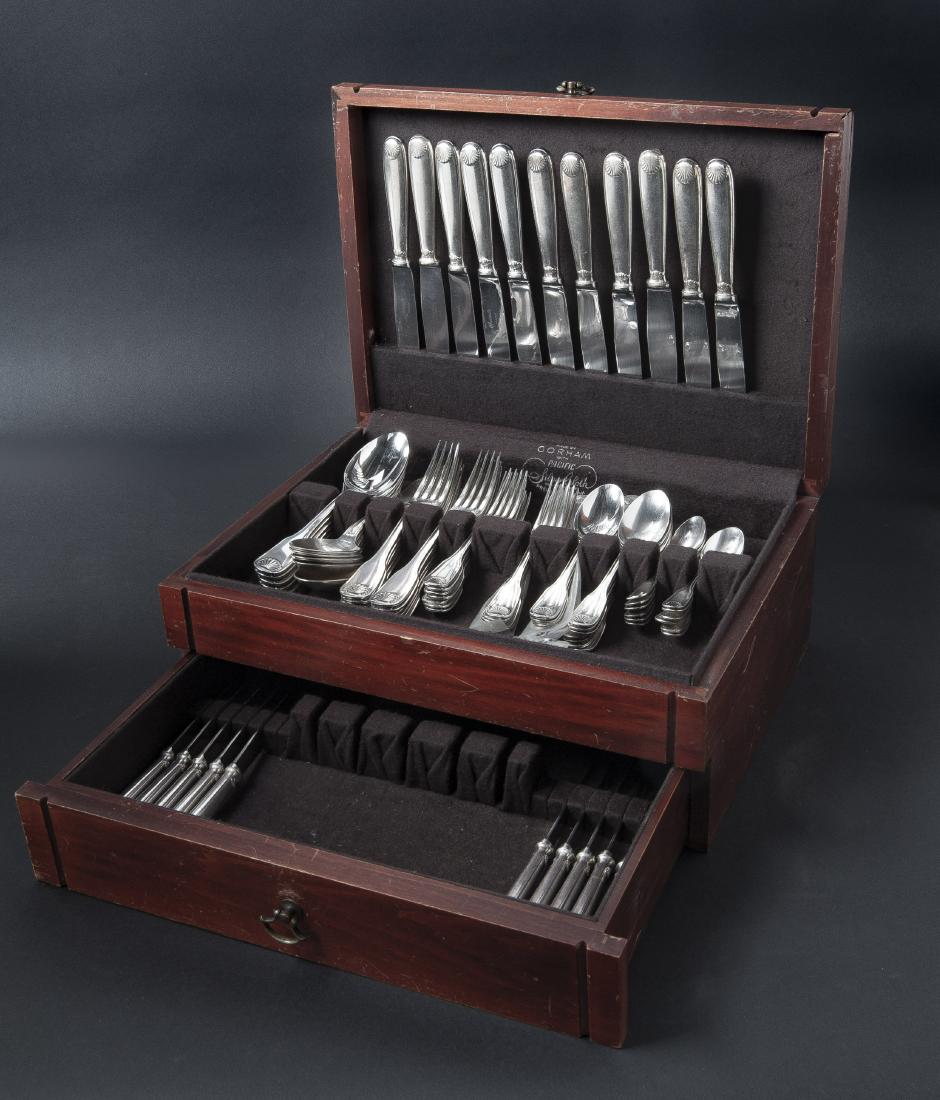 81 Pcs Christofle Silverplate Flatware: DESCRIPTION: Eighty-one pieces of Christofle Paris silverplate flatware with Vendome-Arcantia pattern. Includes twelve each of 8-1/4" serving forks, 8" servings spoons, 6-3/4" forks, 5-1/2" teaspoons,