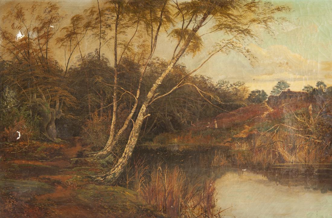 Continental School, 19th Century: DESCRIPTION: Continental School, 19th century. Oil on canvas. Landscape with creek. Signed "Allain" lower left. In gold painted wood frame. MEASUREMENTS: 29-3/8" x 19-3/8". Overall with frame 36" x 26