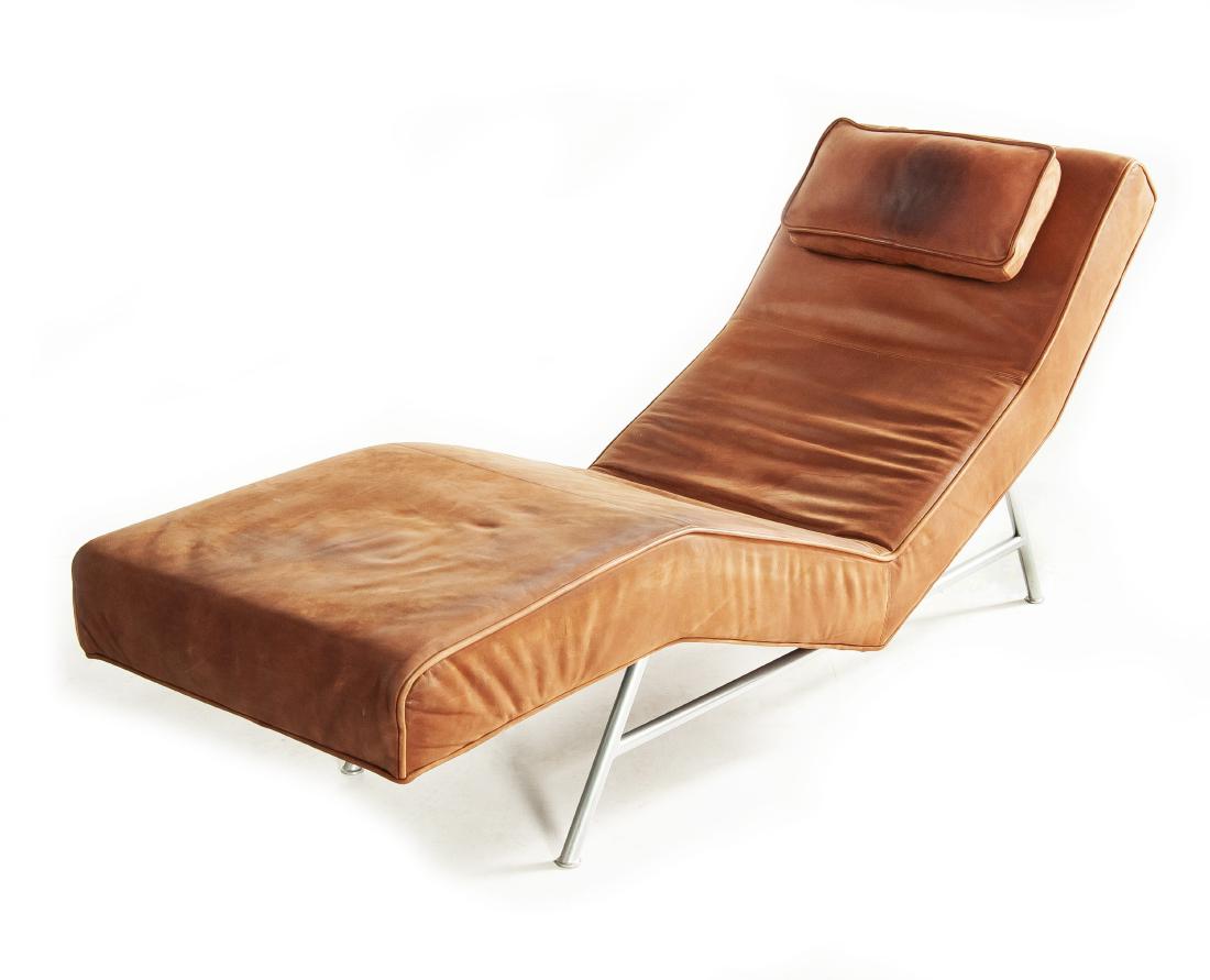 Milo Baughman Fred Chaise Lounge: DESCRIPTION: Milo Baughman for Thayer Coggin leather chaise lounge. Mid century modern style. Brown leather and bent tubular frame. Includes pillow. MEASUREMENTS: 25" wide x 75" deep x 32" high. CONDI