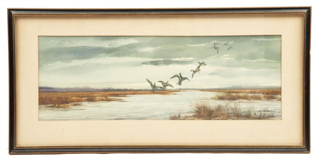 Milton C. Weiler (New Jersey, 1910-1974): DESCRIPTION: Milton Christian Weiler (New Jersey, 1910-1974). Watercolor on paper. Mallards In For The Night. Signed lower right. Matted in wood frame. MEASUREMENTS: Sight 22-3/4" x 8". Overall with f