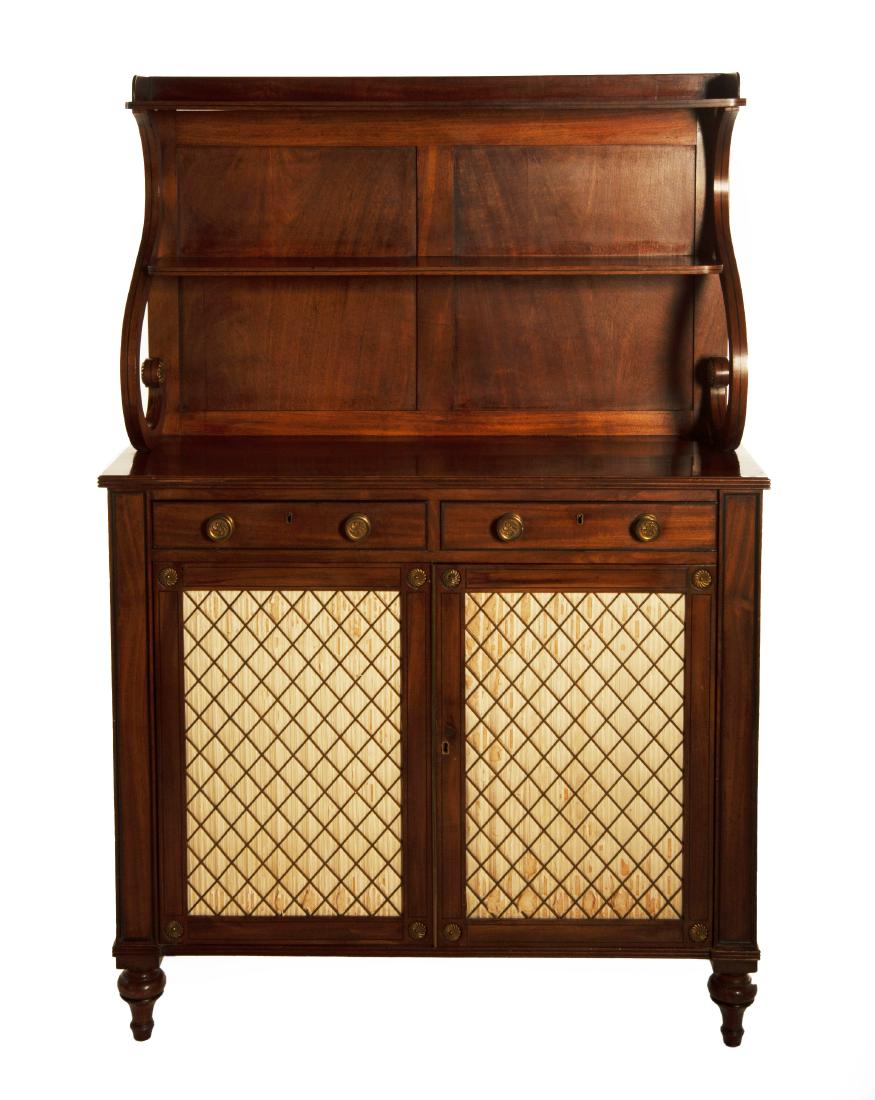 Diminutive Sideboard: DESCRIPTION: A mixed woods diminutive classical inspired sideboard. Probably first half of the 20th century. Form consisting of a double door and double drawer base resting on turned classical feet wi