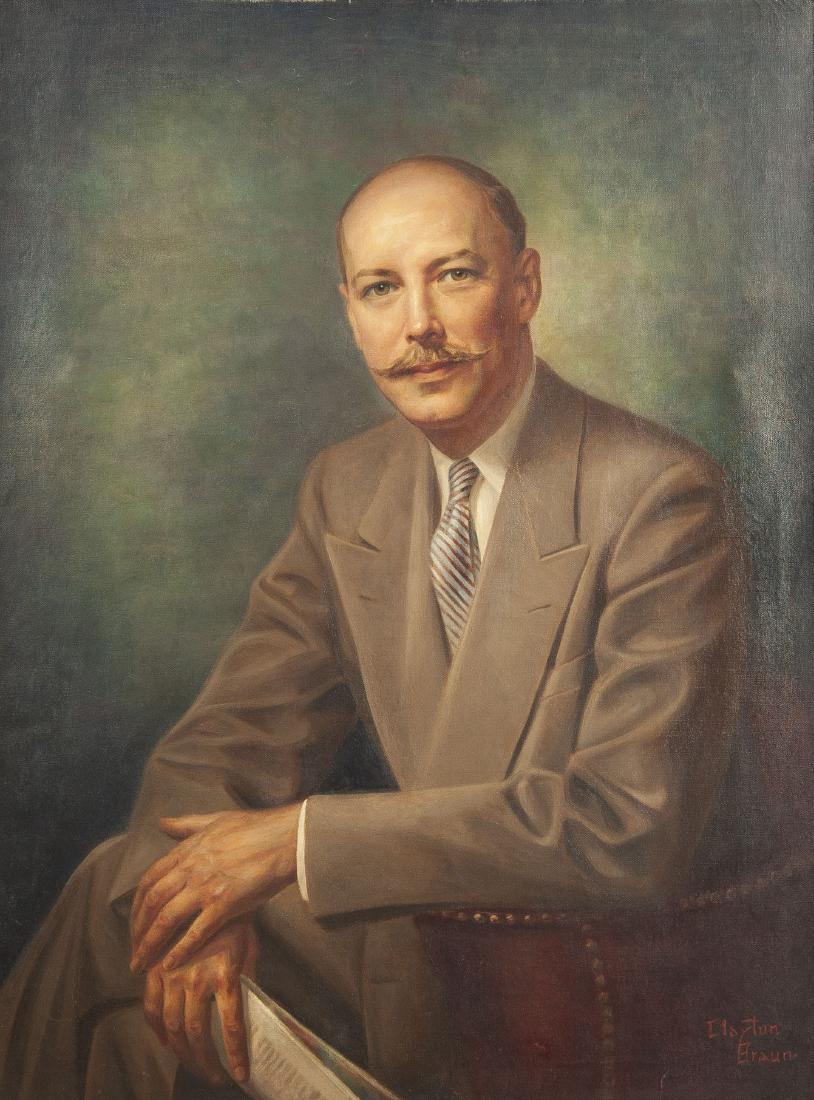 Clayton Braun (American, 1906-1986): DESCRIPTION: Clayton Braun (American, 1906-1986). Oil on canvas. Portrait of Theodore "Ted" Heinrich, past director of the Royal Ontario Museum. Signed lower right. In gilt and gesso wood frame. Born 