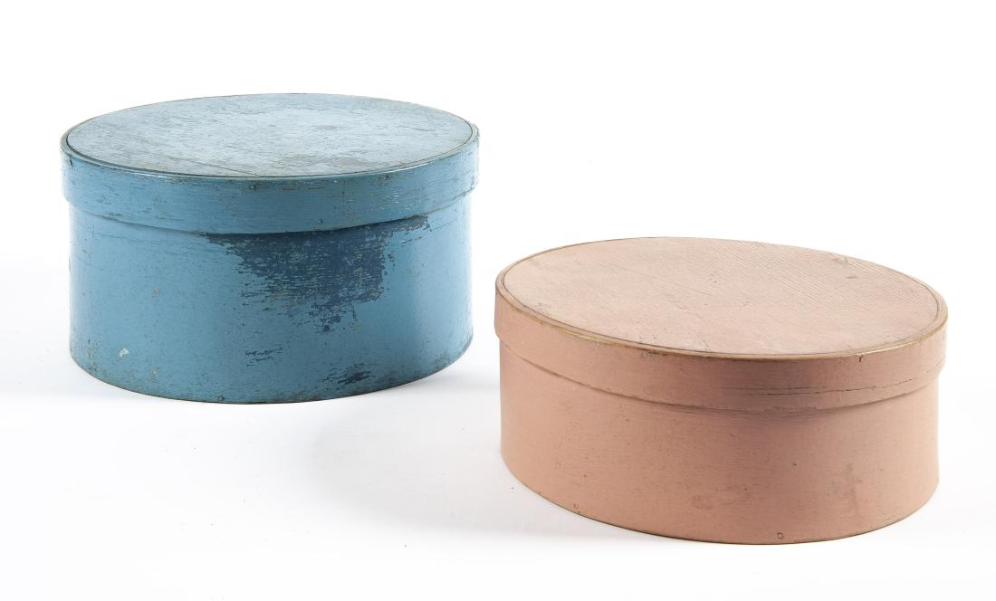 2 Painted Pantry Boxes: DESCRIPTION: Two painted pantry boxes. Includes: 1) Small salmon colored painted box. 9-1/2" x 3-1/2". 2) Medium blue over blue painted box. 10-1/2" x 5-1/2". MEASUREMENTS: See Description. CONDITION: