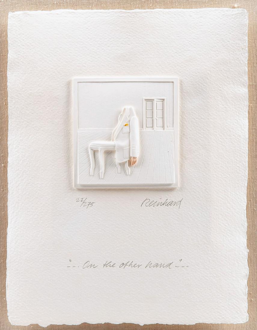 Reinhard (German, 20th Century): DESCRIPTION: Reinhard (German, 20the century). Limited Edition 3-dimensional paper sculpture. ...On The Other Hand. Signed in pencil lower right. Numbered in pencil 22/275 lower left. Fixed to board i