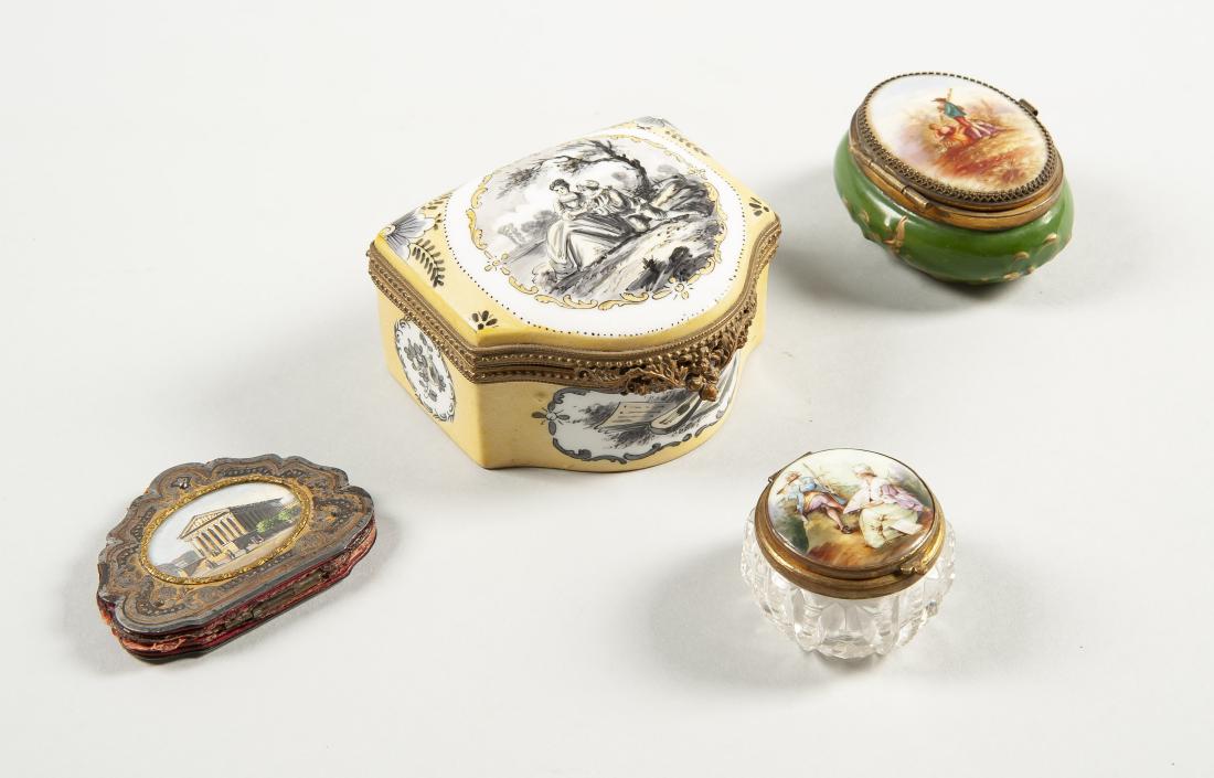 3 Porcelain Lidded Boxes & Coin Purse: DESCRIPTION: Three porcelain lidded boxes and coin purse. Includes: 1) Sceaux French porcelain painted dresser box in yellow, white, and black. With romantic scene to lid and floral decoration to inte