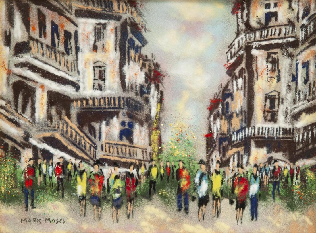 Mark Moses (American, 20th Century): DESCRIPTION: Mark Moses (American, 20th century). Enamel painting on copper. Street scene. Signed lower left. In gold painted wood frame. MEASUREMENTS: Sight 15-1/2" x 11-1/2". Overall with frame 21" 