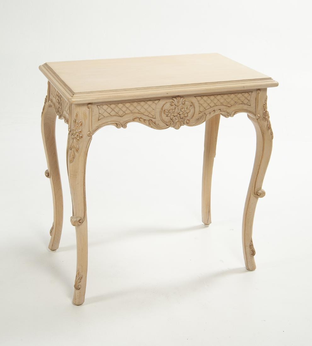 French Style Side Table in Washed Finish: DESCRIPTION: French style side table in washed or pickled finish. Carved skirt and cabriole legs. MEASUREMENTS: 27-1/2" wide x 17" deep x 27" high. CONDITION: Very good.