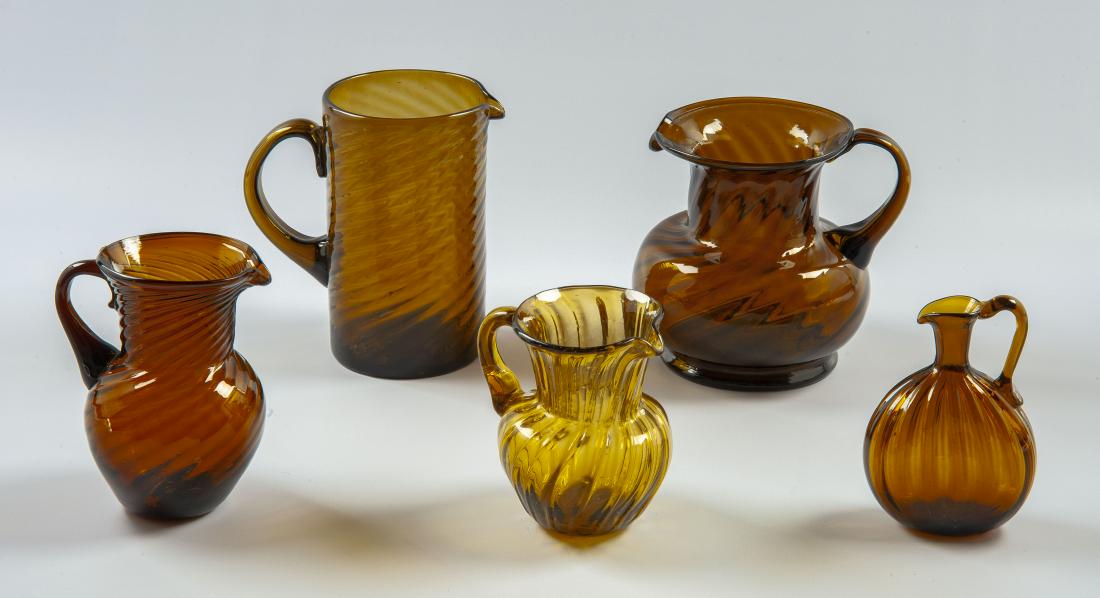 5 American Blown Glass Amber Pitchers 5PC 18C American Hand Blown Glass