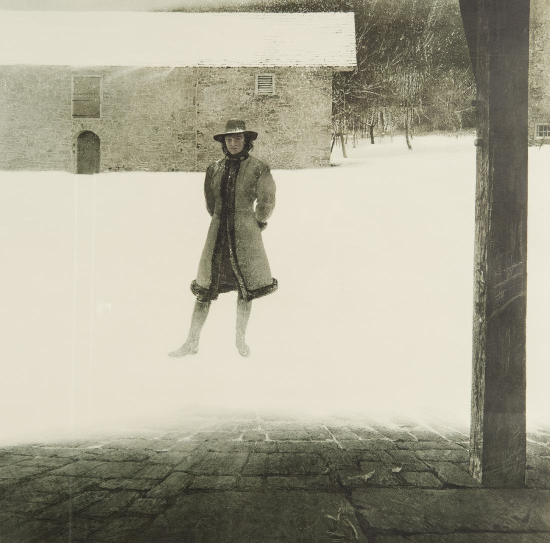 Andrew Newell Wyeth (Pennsylvania, 1917-2009): DESCRIPTION: Andrew Newell Wyeth (Pennsylvania, 1917-2009). Collotype. The Outpost. Printed by New York Graphic Society Ltd. Copyright 1972. Matted in wood frame. MEASUREMENTS: Sight 24" x 24". Overal