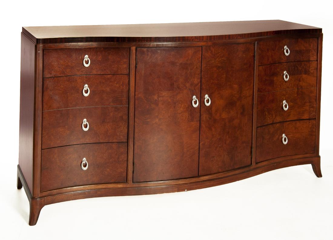 Art Deco Style Thomasville Bogart Buffet: DESCRIPTION: Art deco style Thomasville Bogart buffet or server. With Thomasville Bogart label. Center two- door cabinet with four drawers to each side, nickel pulls, and curved front. MEASUREMENTS: 7