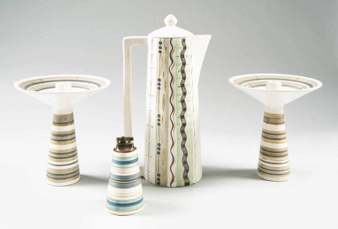 4 Pcs Sascha Brastoff Midcentury Modern Pottery: DESCRIPTION: Four pieces of Sascha Brastoff mid-century modern pottery. Each piece signed or with rooster mark. Includes 15-1/2" pitcher with lid, two 8-1/2" diam. x 9" high candlestick holders, and 5