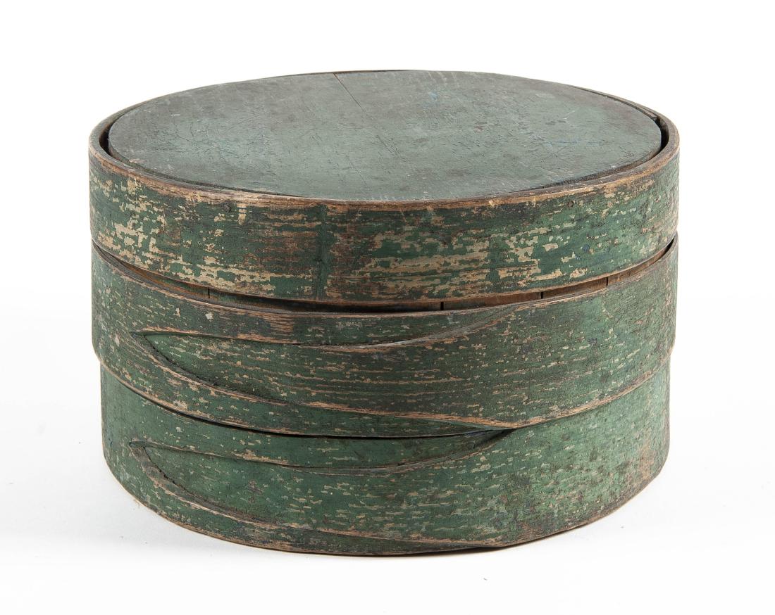Dark Green Painted Pantry Box: DESCRIPTION: Dark green painted pantry box. With Heavy wood staves and banded wood bottom. MEASUREMENTS: 12-1/2" x 6-1/2". CONDITION: Surface wear including losses to paint.