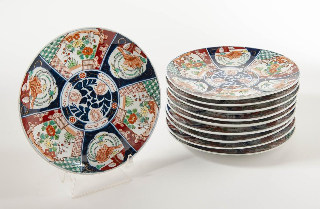 10 Imari Plates: DESCRIPTION: Ten imari plates. Floral design to front. Three character signature to bottom. MEASUREMENTS: 9-3/4" diameter. CONDITION: No defects noted.