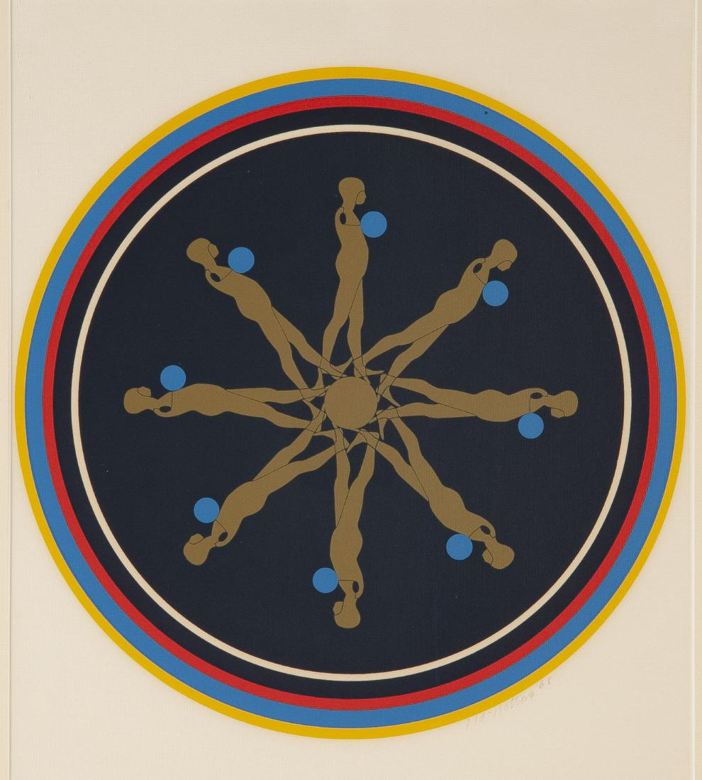 Ernest Tino Trova (Missouri, 1927-2009): DESCRIPTION: Ernest Tino Trova (Missouri, 1927-2009). Color serigraph. From the Falling Man Series, 1968. Signed in pencil lower right. Numbered 119/150. Matted in acrylic frame. MEASUREMENTS: Sight 1