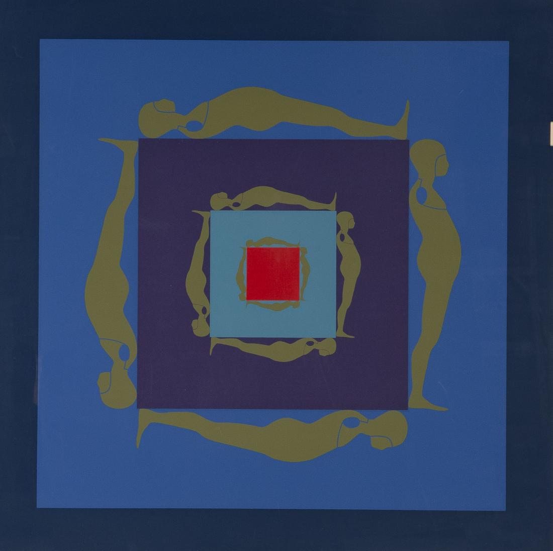 Ernest Tino Trova (Missouri, 1927-2009): DESCRIPTION: Ernest Tino Trova (Missouri, 1927-2009). Color serigraph. From the Falling Man Series, 1969. Signed in pencil lower right. In acrylic frame. MEASUREMENTS: Sight 26" x 26-3/4". Overall wit