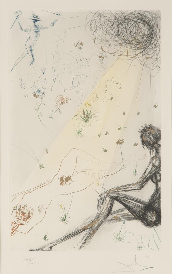 Salvador Dali (Spanish, 1904-1989): DESCRIPTION: Salvador Dali (Spanish, 1904-1989). Etching and mixed media on paper. Reclining Nude. From the Song of Sons Suite, 1974. Pencil signed lower right. Numbered 176/250. With gallery COA labe