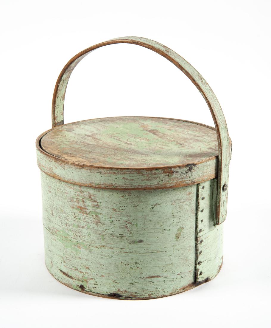 Light Green Painted Pantry Box: DESCRIPTION: Original light green painted pantry box. With wooden handle. MEASUREMENTS: 11" x 7-1/2". CONDITION: Surface wear including losses to paint.