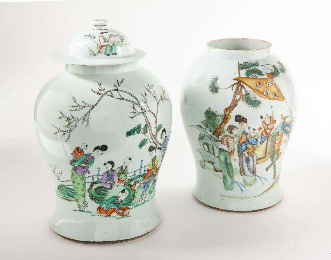 2 Famille Rose Jars: DESCRIPTION: Two famille rose jars, one with lid. Each with court scene. MEASUREMENTS: Each approximately 10" x 14-1/2" high. CONDITION: Light surface wear.