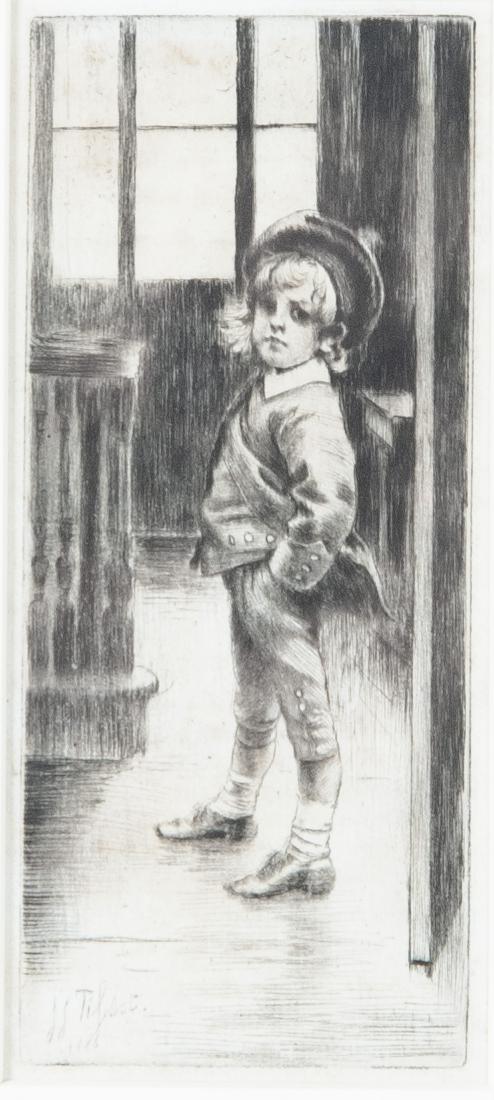 James Tissot (French, 1836-1902): DESCRIPTION: James Tissot (French, 1836-1902). Engraving on laid paper. Sa Première Culotte. Signed in engraving "JJ Tissot 1888". Hinged at top margin inside matte. Water mark to left side, slightly