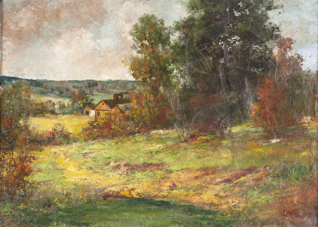 Arlington Nelson Lindenmuth (American, 1867-1950): DESCRIPTION: Arlington Nelson Lindenmuth (American, 1867-1950). Oil on canvas. Early fall landscape. Signed lower right. In gold painted wood frame. MEASUREMENTS: 26-3/8" x 18-3/4". Overall with frame