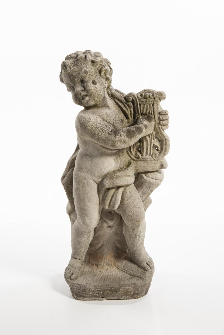 Large Concrete Garden Statue of Child with Harp: DESCRIPTION: Large poured concrete classical style garden statue of a child playing a harp. MEASUREMENTS: 13" wide x 39-1/4" high. CONDITION: Wear as expected.