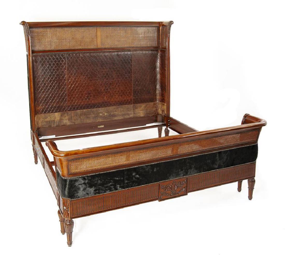 Maitland-Smith King Size Bed Frame: DESCRIPTION: A king-size bed frame by Maitland-Smith. Finished in wicker, tooled leather, and hide. MEASUREMENTS: 85" x 88" x 77-1/2" high at headboard. CONDITION: Very good.
