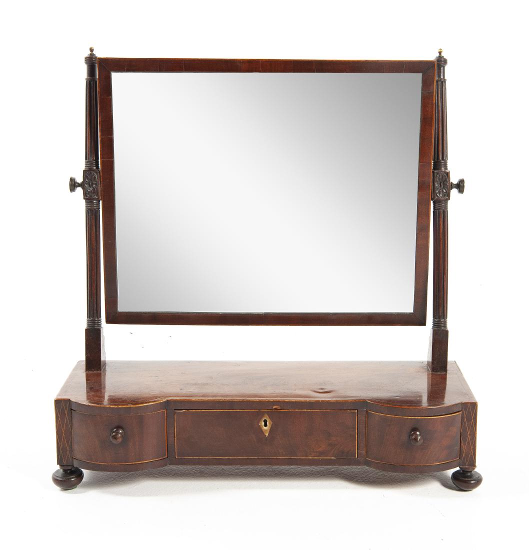 19th Century Table Top Shaving Mirror & Stand: DESCRIPTION: Table top shaving mirror and stand. 19th century. Features four knob feet surmounting three drawer base with inlay and arms with floral and column style carvings supporting a mirror. MEAS