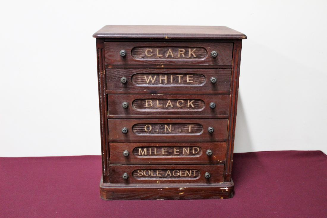 6 Drawer Spool Cabinet: Reproduction. MEASUREMENTS: Width: 14" Depth: 10" Height: 1'7-1/2"