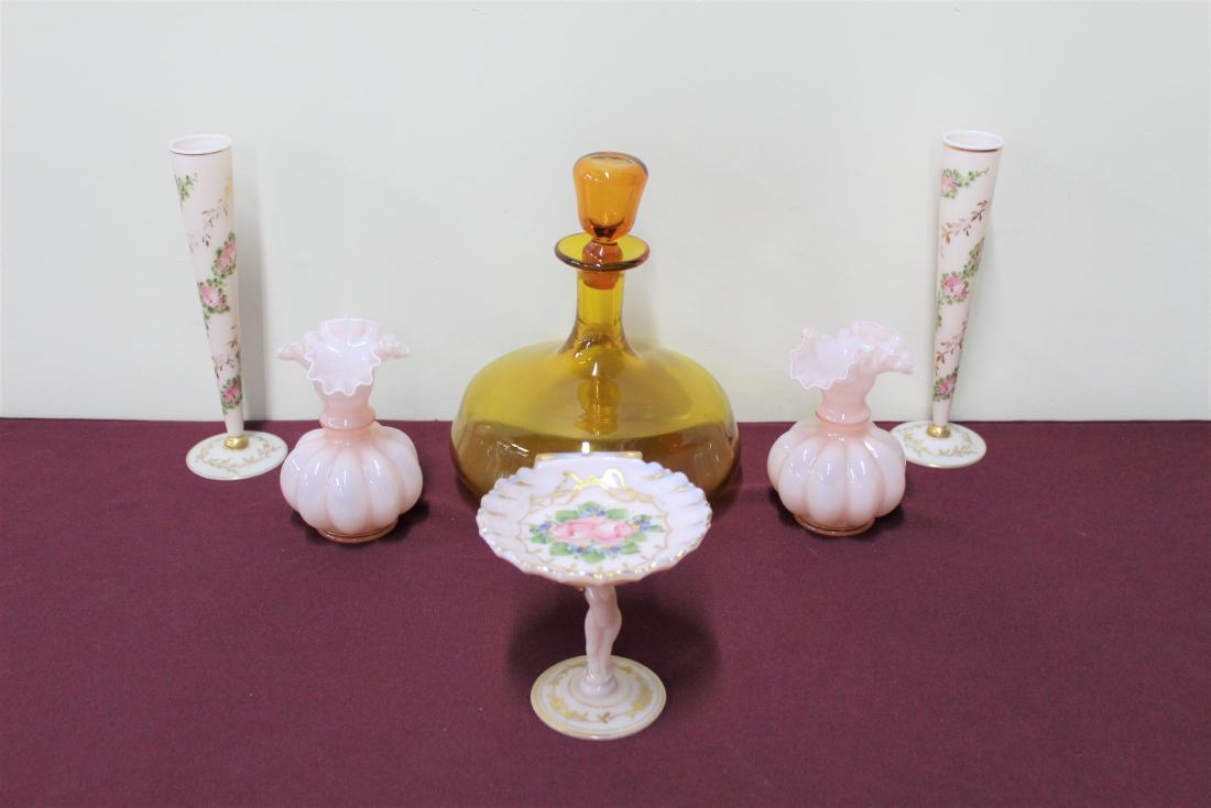 6 Pcs Pink and Blenko Glass: MEASUREMENTS: 5" to 10-1/2" tall