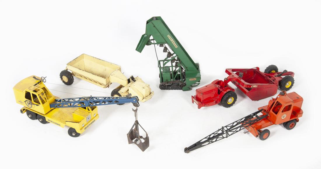 5 Construction and Farm Pressed Steel Toys: DESCRIPTION: Five pressed steel farm and construction equipment toys. Includes: 1) Heiliner Construction earth scraper by Doepke Model Toys. 29" long x 8-1/4" wide x 6" tall. 2) Barber Greene Hay Bail