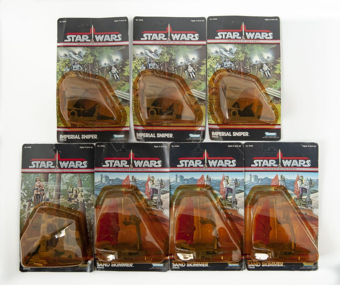 7 Kenner 1984 Star Wars POTF Vehicles in OP: DESCRIPTION: Seven Kenner 1984 Star Wars Power of the Force vehicles in original packaging. Includes three Imperial Sniper vehicles, three One-Man Sand Skimmer vehicles and one Security Scout vehicle.