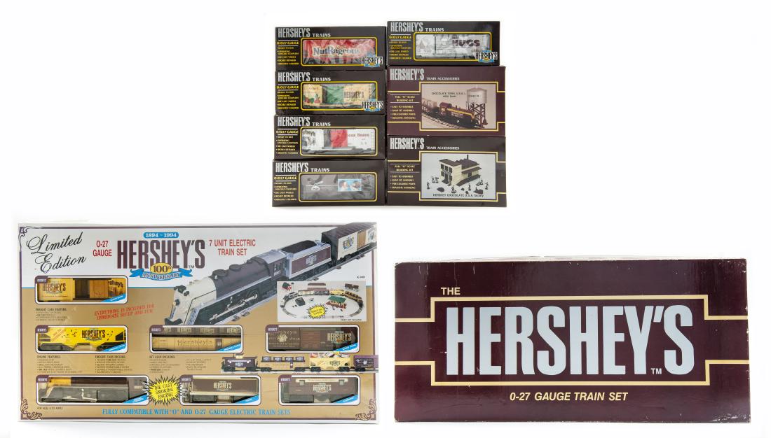 9 Pcs Hershey's Train Incl Sets in OBs: DESCRIPTION: Nine pieces Hershey's Trains in original boxes. Includes Hershey's 0-27 gauge 6-unit electric train set, limited edition K-1401 1894-1994 100th Anniversary 7-unit electric train set, K-64