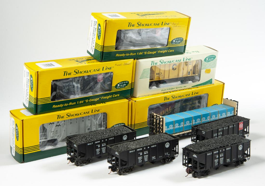 10 Showcase Line S Scale Freight Cars: DESCRIPTION: Ten Showcase Line S scale freight cars. Some in original boxes. Includes 00720 Reefer Saval BAF 003B in OB, 01748 PS2 2b Midland 5132 in OB, 01658 USRA Hb Spiral Hill hopper number one in