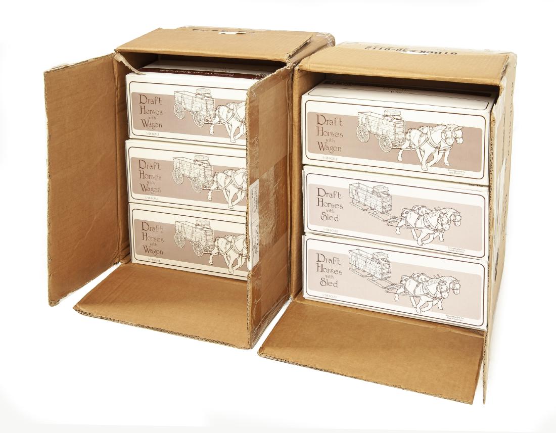14 First Gear Draft Horses with Sled in OBs: DESCRIPTION: Fourteen First Gear Draft Horses with Sled #39-0101 Smith & Wesson in original boxes and shipping cartons. MEASUREMENTS: 1/28 scale. CONDITION. New in original boxes and original shipping