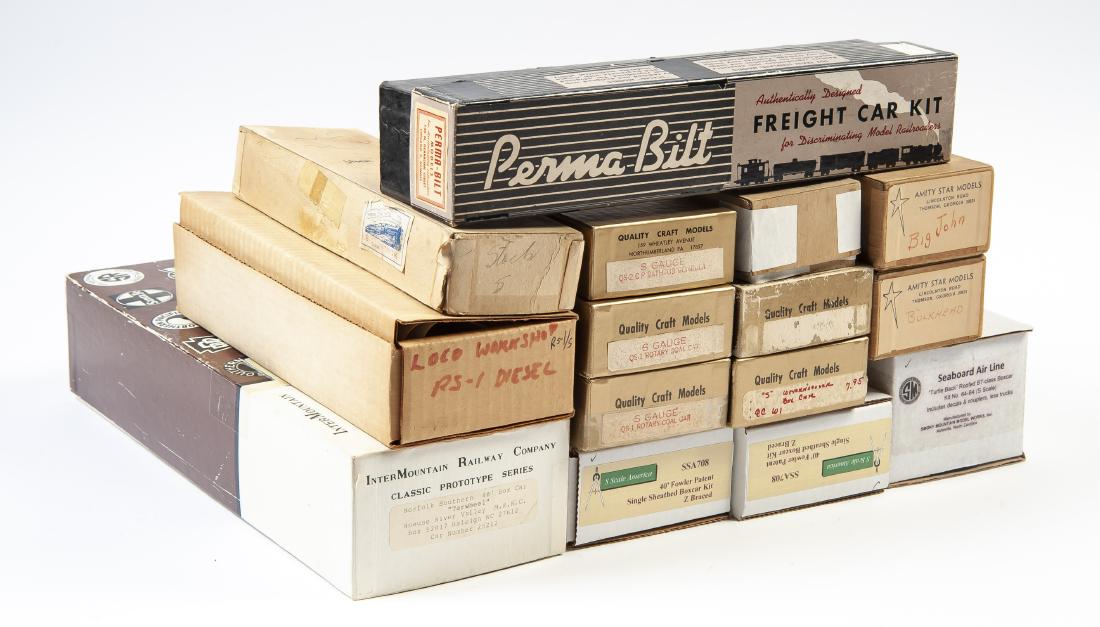 15 S and O Scale Model Train Kits: DESCRIPTION: Fifteen S and O scale model train kits. All in original boxes. Includes: 1) Five kits by Quality Craft Models incl QS-2 C P Bathtub Gondola, two 4399 Weyerhaeuser boxcars, and two QS-1 Ro