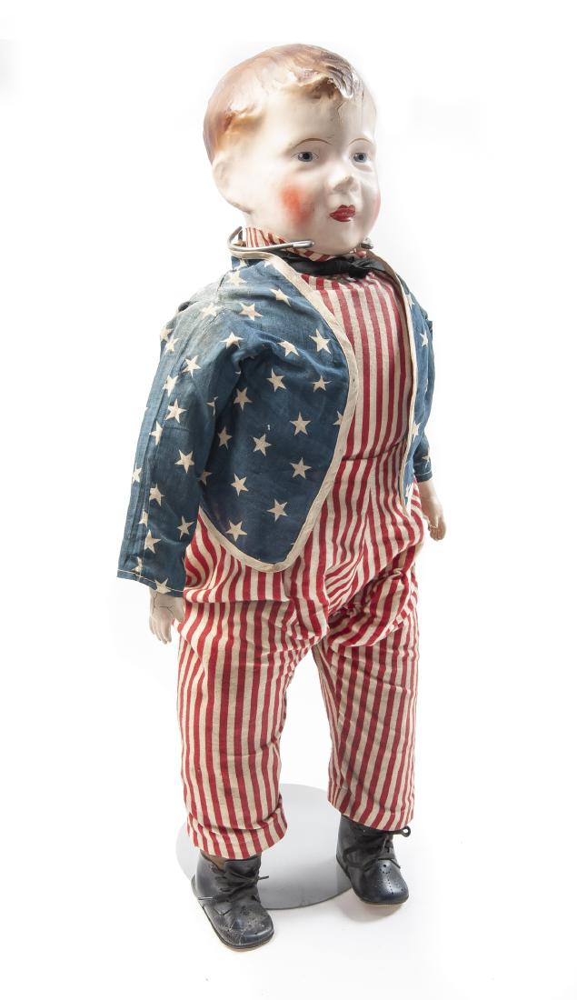 1918 Elektra for Butler Brothers Uncle Sam Doll: DESCRIPTION: 1918 Butler Brothers Uncle Sam doll with composition flange head, excelsior stuffed body, and painted features. Manufactured by Elektra Toy & Novelty Co. MEASUREMENTS: 30" tall. CONDITION