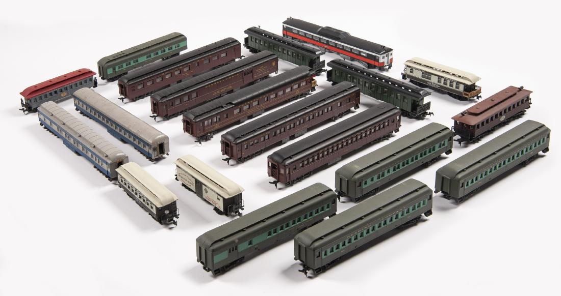 20 HO Scale Passenger Cars: DESCRIPTION: Twenty HO scale passenger cars. Includes PRR 4496 observation, PRR James Logan pullman, PRR 3940 passenger, PRR 342 mail car, PRR 1184 dining car, B&O 1038 Martha Washington, B&O 6471 pas