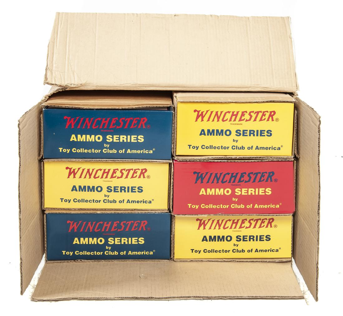 12 Winchester Ammo Series Diecast in OBs: DESCRIPTION: Two sets of six First Gear Winchester Ammo Series by Toy Collector Club of America diecast vehicles. Two each #10-1590 through 10-1595. MEASUREMENTS: 1/34 scale. Each box 9" x 4-1/2" x 4"