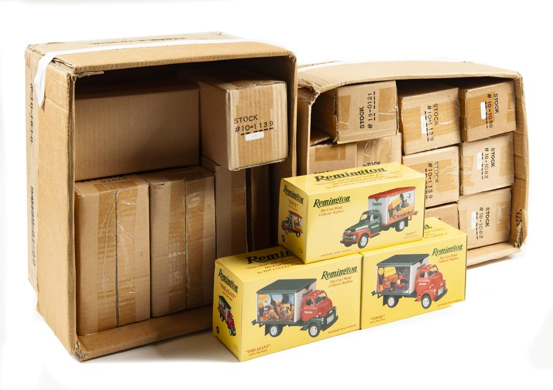 24 Pcs Remington Game Bird Diecast in OBs: DESCRIPTION: Twenty-four First Gear Remington "Sure-Shot" and "Express" Game Bird Series die cast trucks in OBs. Includes two each of 10-1082, 10-1096, 10-1094, 10-1134, 101133, four 19-0121, and ten 