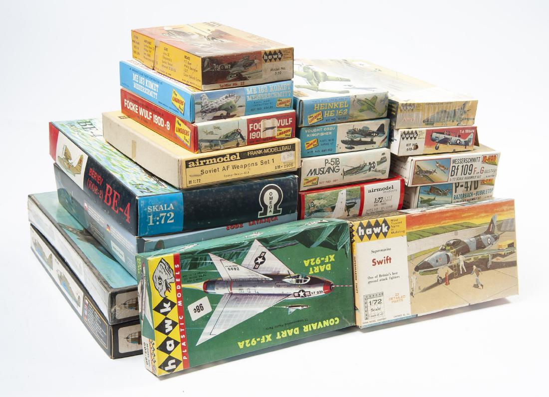 23 1/72 Scale Model Airplane Kits incl Jo-Hann: DESCRIPTION: Twenty-three 1/72 scale model airplane kits. Includes Jo-Hann: A101, A102, A104, A105. Hawk: 564130, 610, 60760, 60750, 60560, 539. Lindberg: 5304, 542, 591, 581, 481, 439, 582. Airmodel: