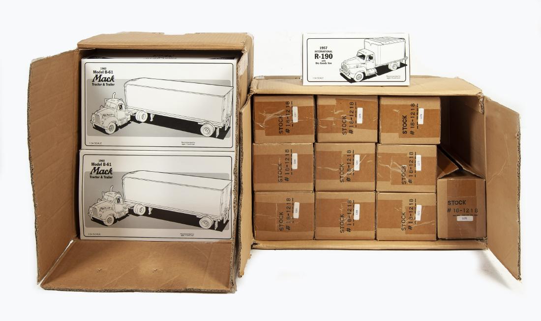 17 First Gear Smith & Wesson Vehicles in OBs: DESCRIPTIONL Seventeen First Gear Smith & Wesson diecast vehicles in OBs. Includes: 1) Eleven 1957 International R-190 dry goods van 18-1218. 2) Six 1960 Model B-61 Mack tractor & Trailer 18-1219. MEA